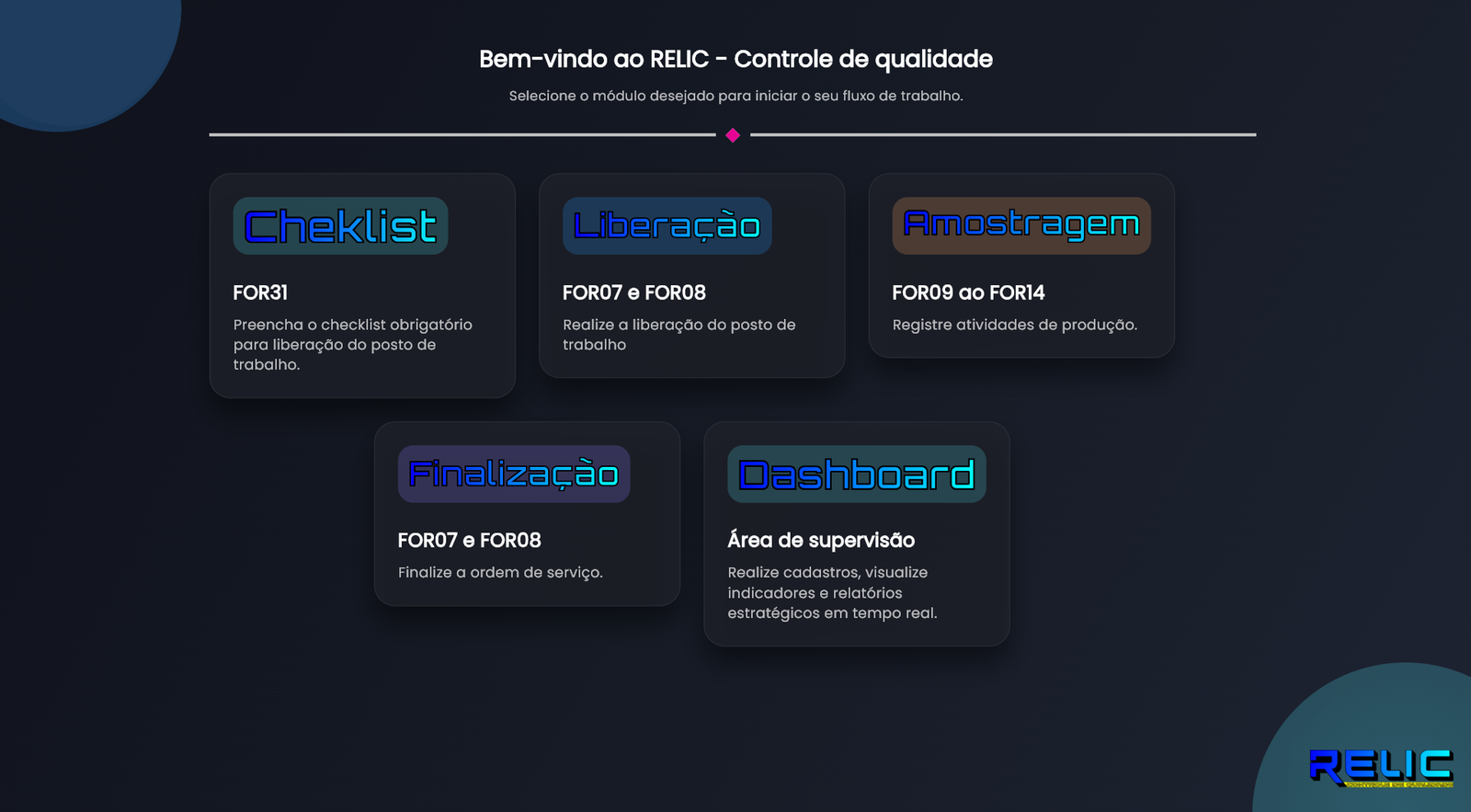 Tela do Relic Controle de Qualidade — registro de inspeções, não conformidades, planos de ação e indicadores de conformidade