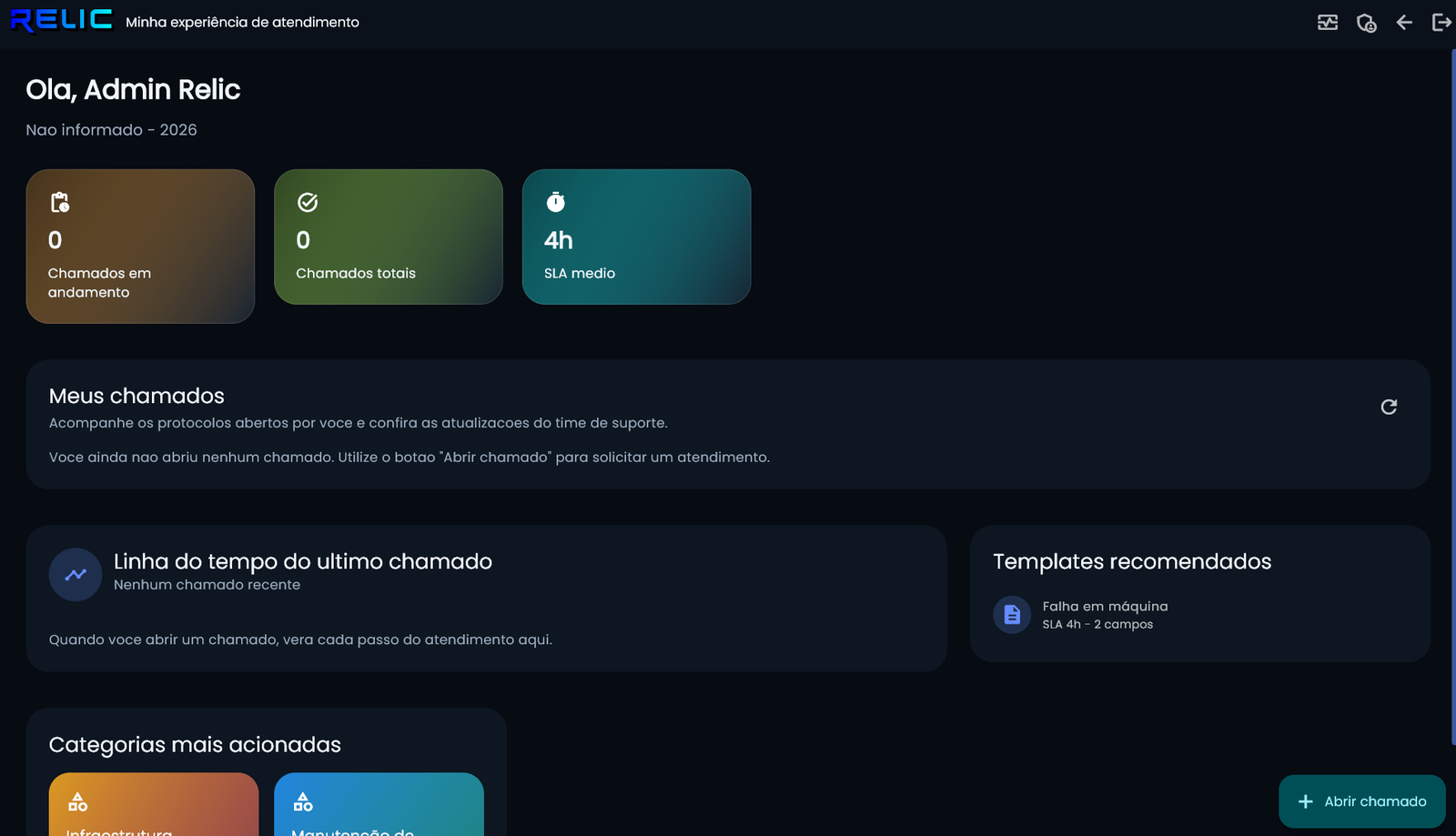 Tela do Relic Service Center — abertura e acompanhamento de chamados e ordens de serviço, com SLA e histórico por cliente